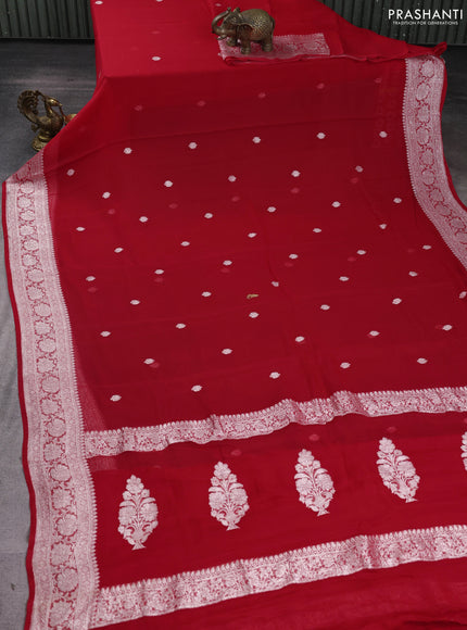 Banarasi chiffon saree red with silver zari woven buttas and floral silver zari woven border