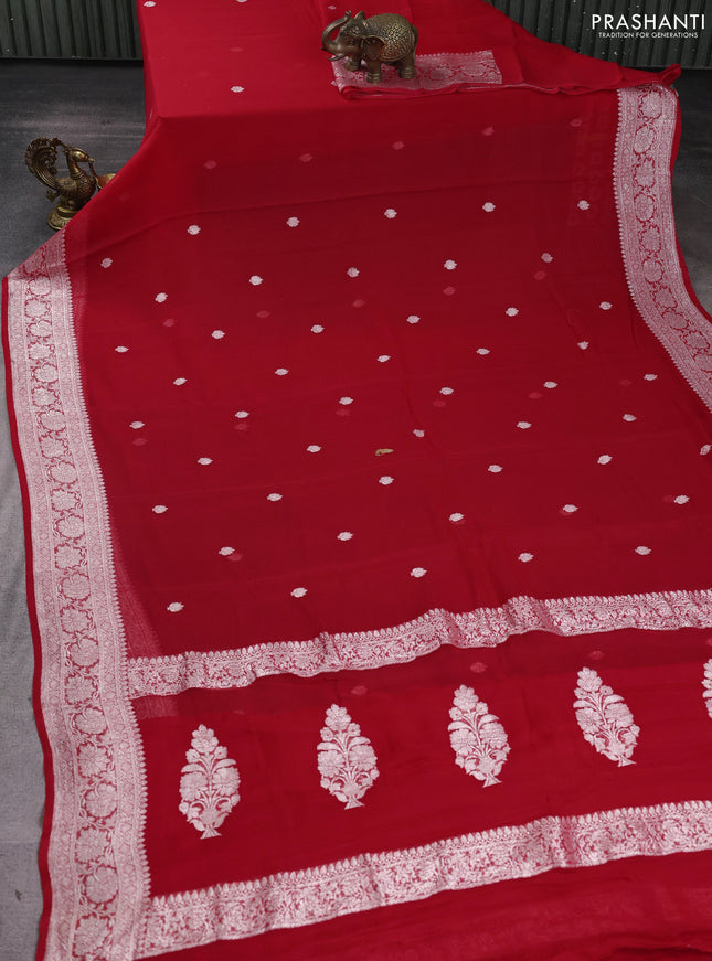 Banarasi chiffon saree red with silver zari woven buttas and floral silver zari woven border