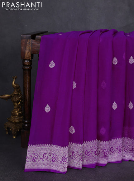 Banarasi chiffon saree purple with silver zari woven buttas and floral silver zari woven border