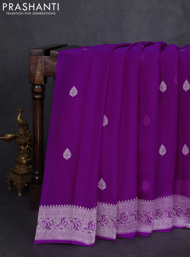 Banarasi chiffon saree purple with silver zari woven buttas and floral silver zari woven border