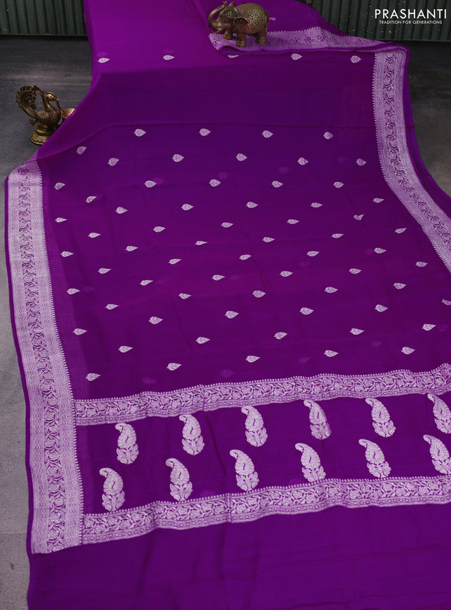 Banarasi chiffon saree purple with silver zari woven buttas and floral silver zari woven border