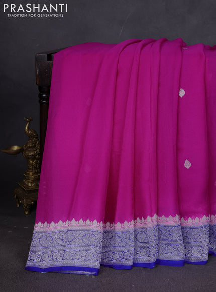 Banarasi chiffon saree candy pink and royal blue with silver zari woven buttas and floral silver zari woven border