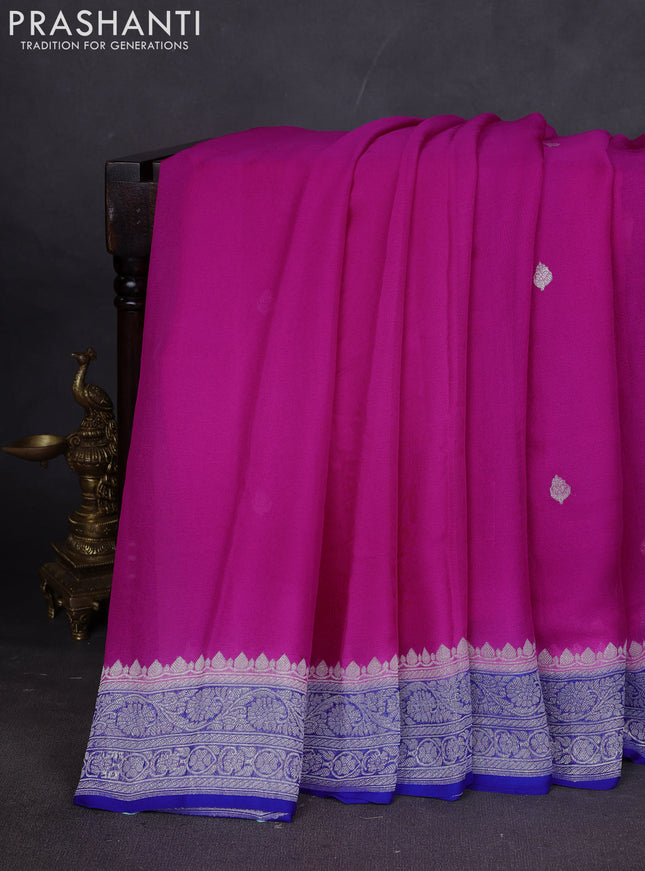 Banarasi chiffon saree candy pink and royal blue with silver zari woven buttas and floral silver zari woven border
