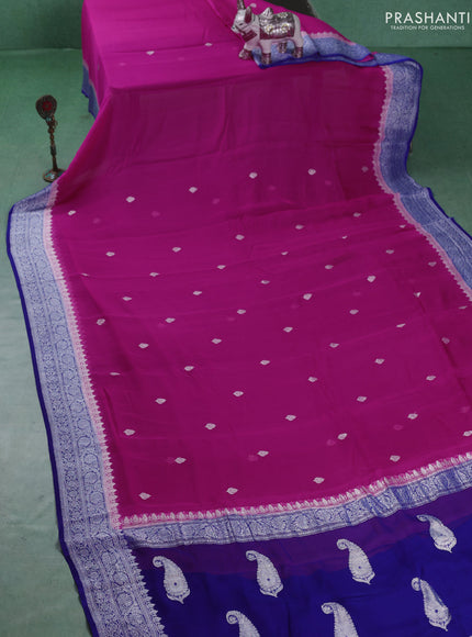 Banarasi chiffon saree candy pink and royal blue with silver zari woven buttas and floral silver zari woven border