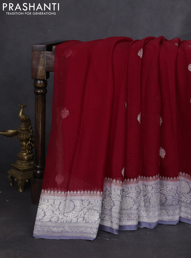 Banarasi chiffon saree kumkum red and grey with silver zari woven buttas and floral silver zari woven border