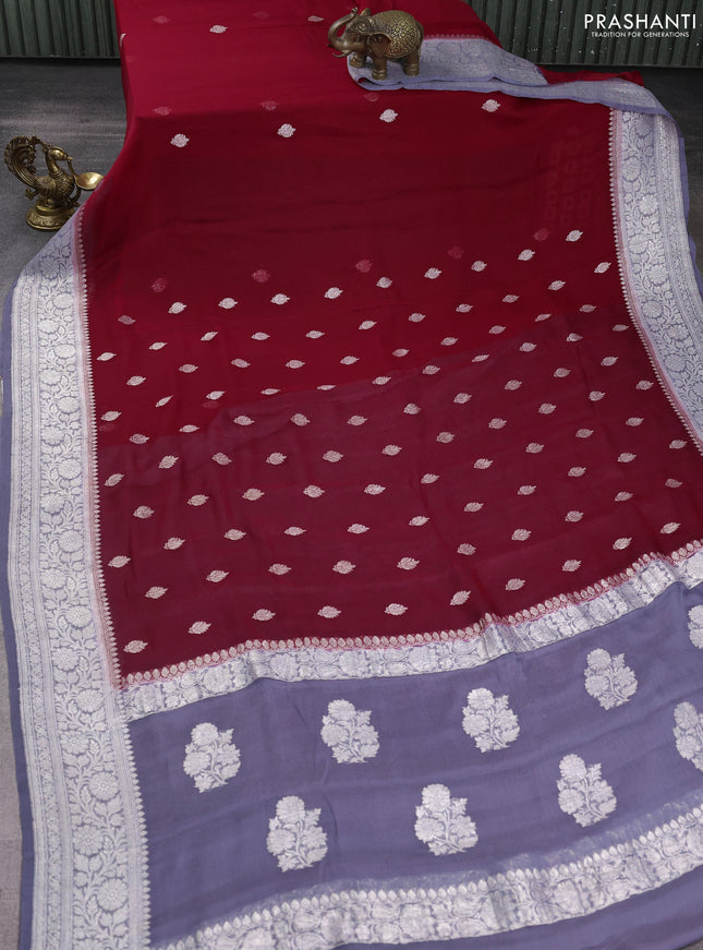 Banarasi chiffon saree kumkum red and grey with silver zari woven buttas and floral silver zari woven border