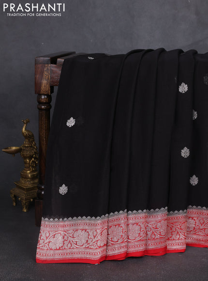 Banarasi chiffon saree black and red with silver zari woven buttas and floral silver zari woven border