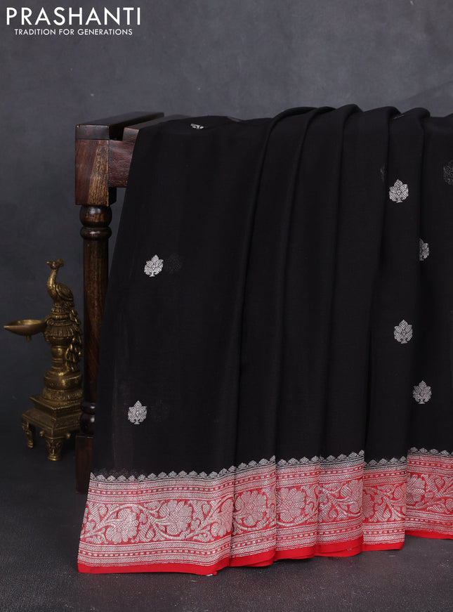 Banarasi chiffon saree black and red with silver zari woven buttas and floral silver zari woven border