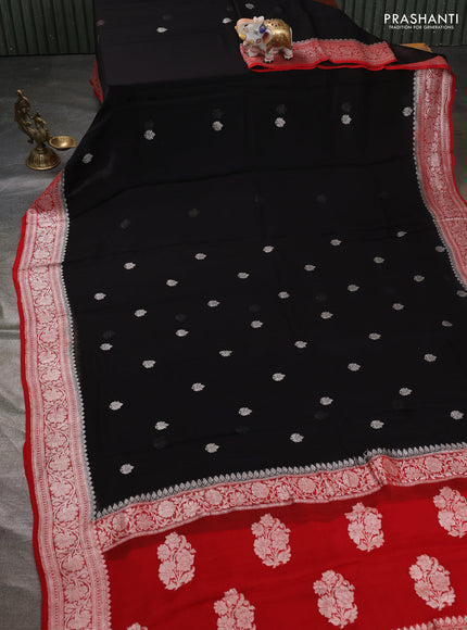 Banarasi chiffon saree black and red with silver zari woven buttas and floral silver zari woven border
