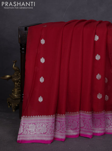 Banarasi chiffon saree red and pink with silver zari woven buttas and floral silver zari woven border
