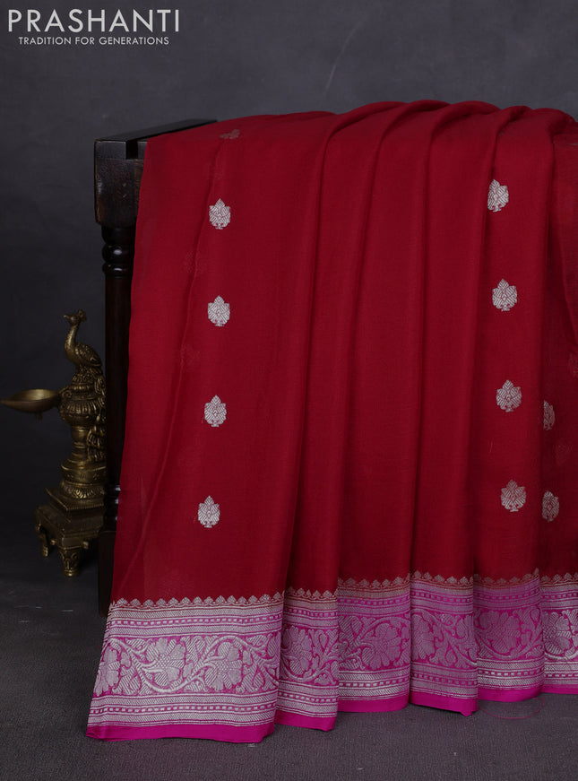 Banarasi chiffon saree red and pink with silver zari woven buttas and floral silver zari woven border
