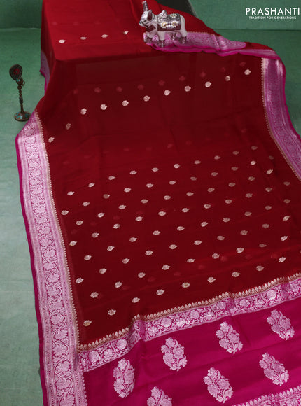 Banarasi chiffon saree red and pink with silver zari woven buttas and floral silver zari woven border