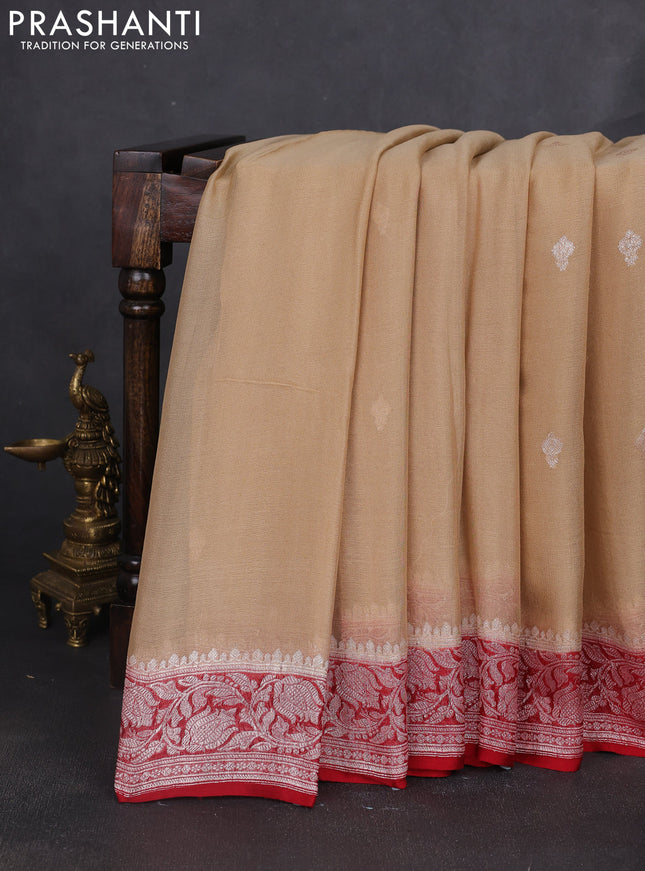 Banarasi chiffon saree sandal and maroon with silver zari woven buttas and floral silver zari woven border