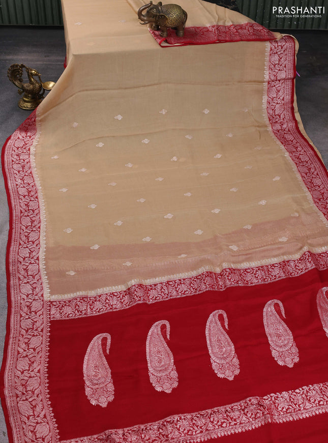 Banarasi chiffon saree sandal and maroon with silver zari woven buttas and floral silver zari woven border