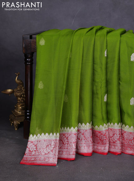 Banarasi chiffon saree mehendi green and red with silver zari woven buttas and floral silver zari woven border
