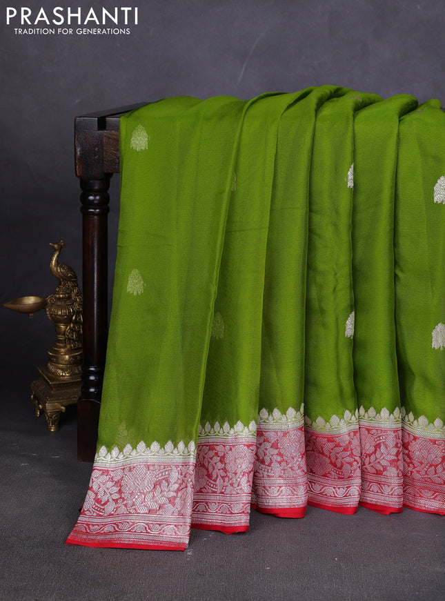 Banarasi chiffon saree mehendi green and red with silver zari woven buttas and floral silver zari woven border