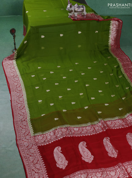 Banarasi chiffon saree mehendi green and red with silver zari woven buttas and floral silver zari woven border