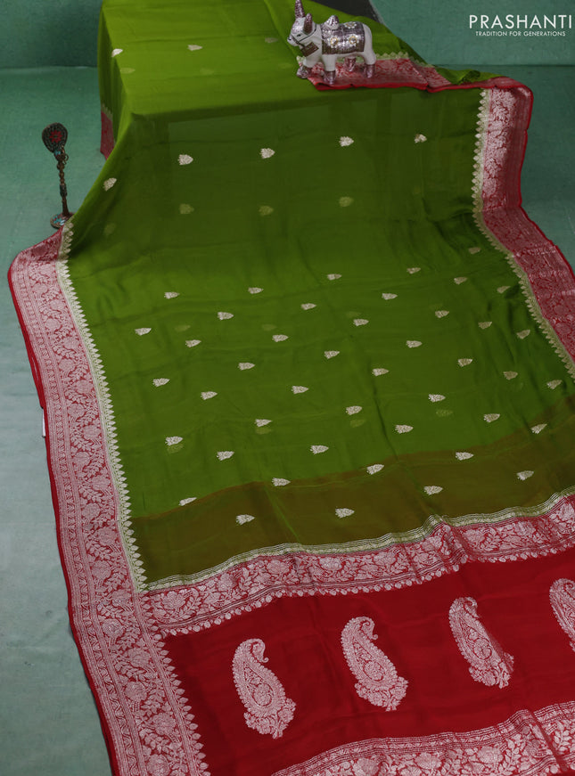 Banarasi chiffon saree mehendi green and red with silver zari woven buttas and floral silver zari woven border