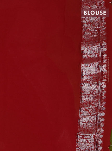 Banarasi chiffon saree mehendi green and red with silver zari woven buttas and floral silver zari woven border