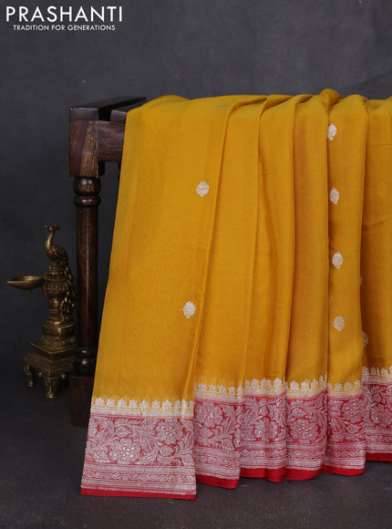 Banarasi chiffon saree mustard yellow and maroon with silver zari woven buttas and floral silver zari woven border