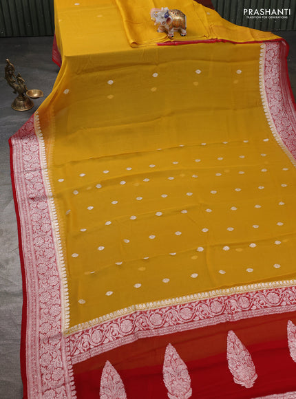 Banarasi chiffon saree mustard yellow and maroon with silver zari woven buttas and floral silver zari woven border