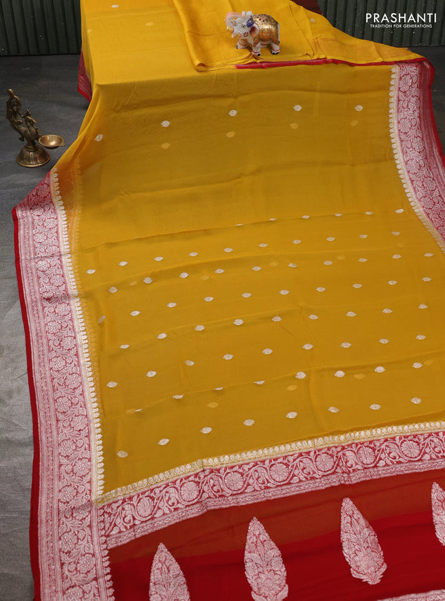 Banarasi chiffon saree mustard yellow and maroon with silver zari woven buttas and floral silver zari woven border