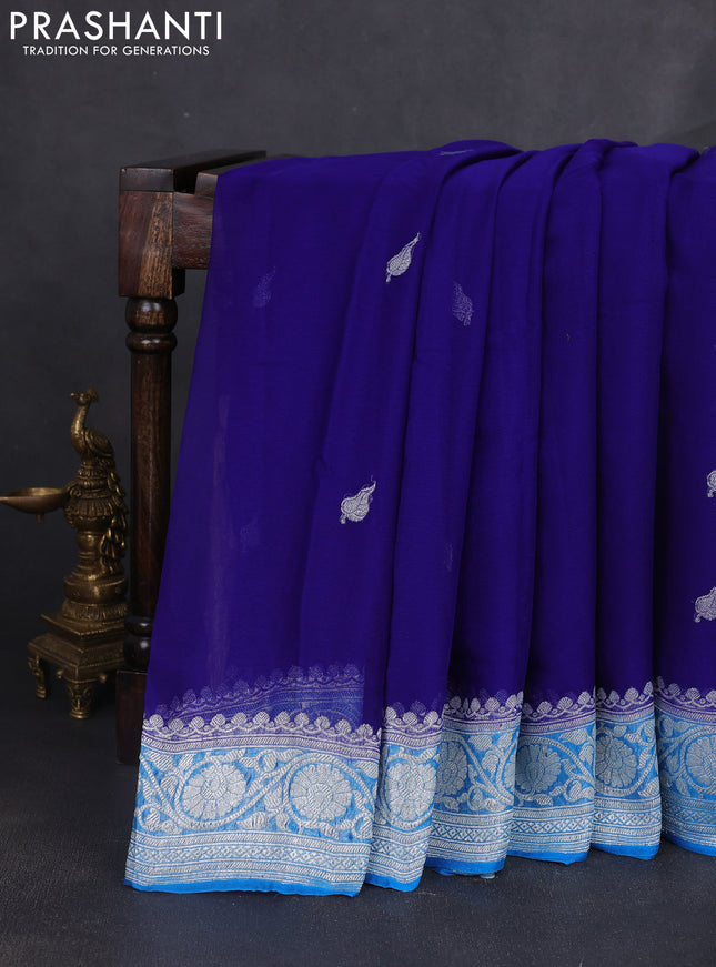 Banarasi chiffon saree royal blue and cs blue with silver zari woven buttas and floral silver zari woven border