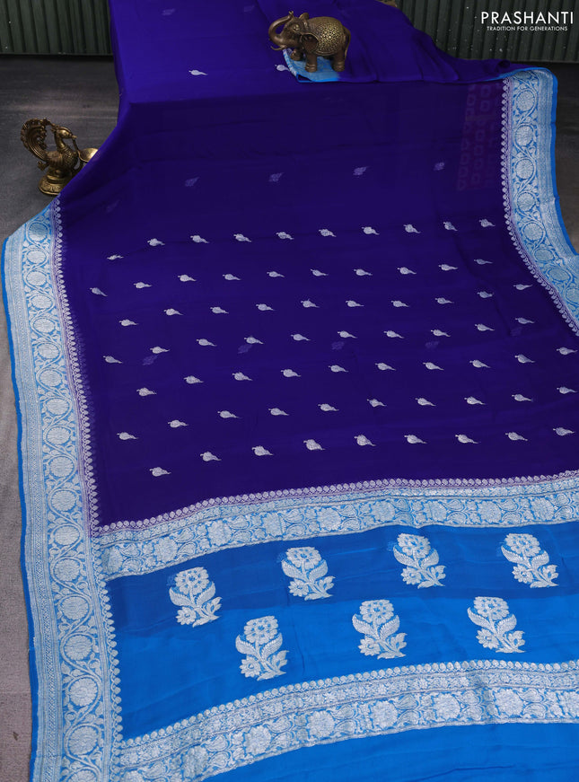 Banarasi chiffon saree royal blue and cs blue with silver zari woven buttas and floral silver zari woven border