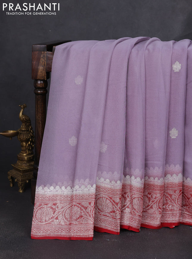Banarasi chiffon saree grey and maroon with silver zari woven buttas and floral silver zari woven border