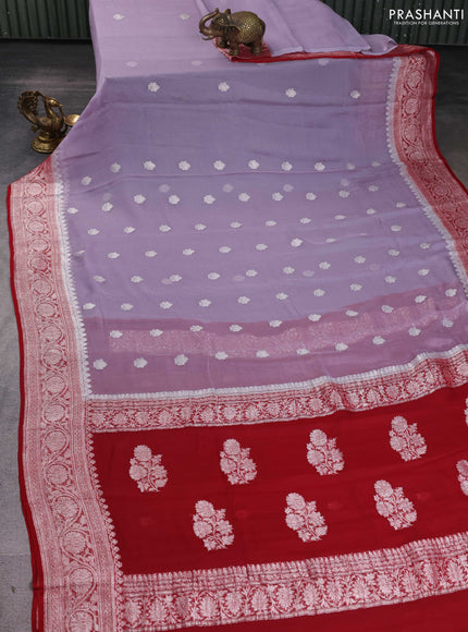Banarasi chiffon saree grey and maroon with silver zari woven buttas and floral silver zari woven border