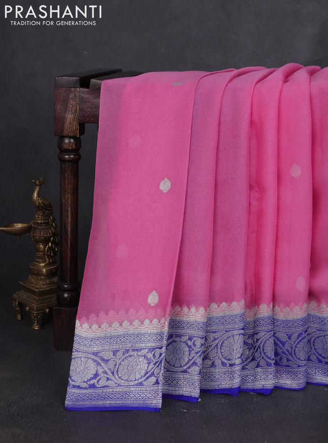 Banarasi chiffon saree light pink and royal blue with silver zari woven buttas and floral silver zari woven border