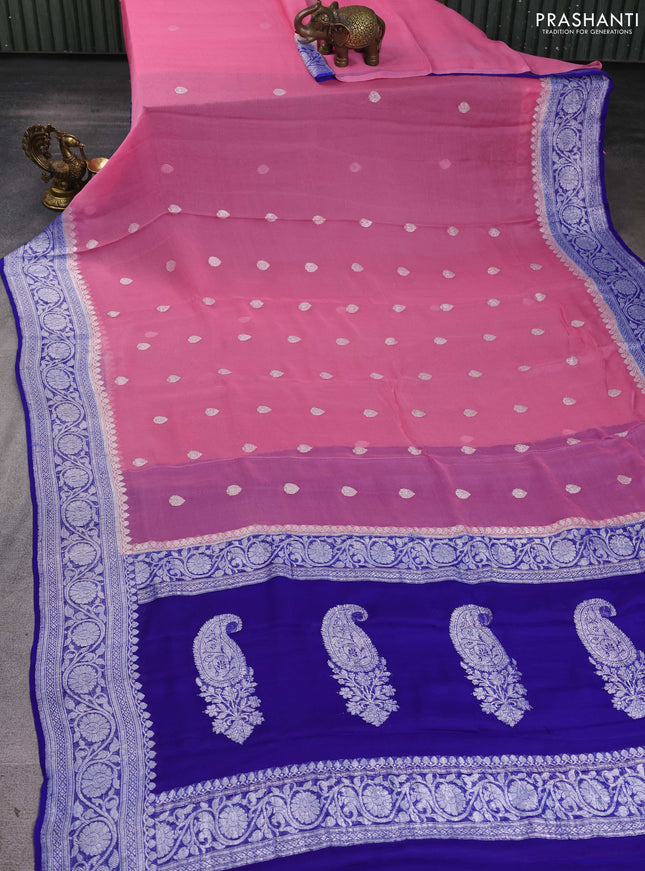 Banarasi chiffon saree light pink and royal blue with silver zari woven buttas and floral silver zari woven border