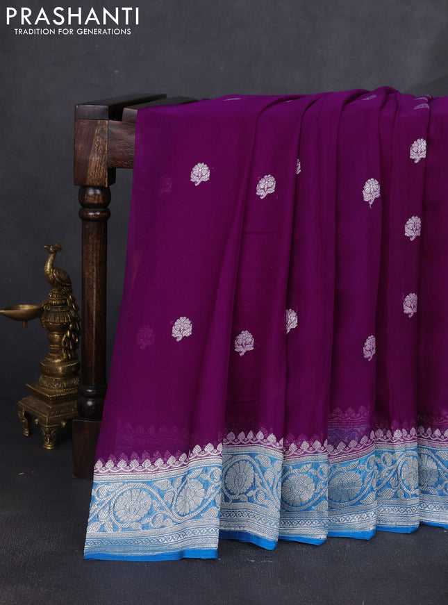 Banarasi chiffon saree purple and cs blue with silver zari woven buttas and floral silver zari woven border