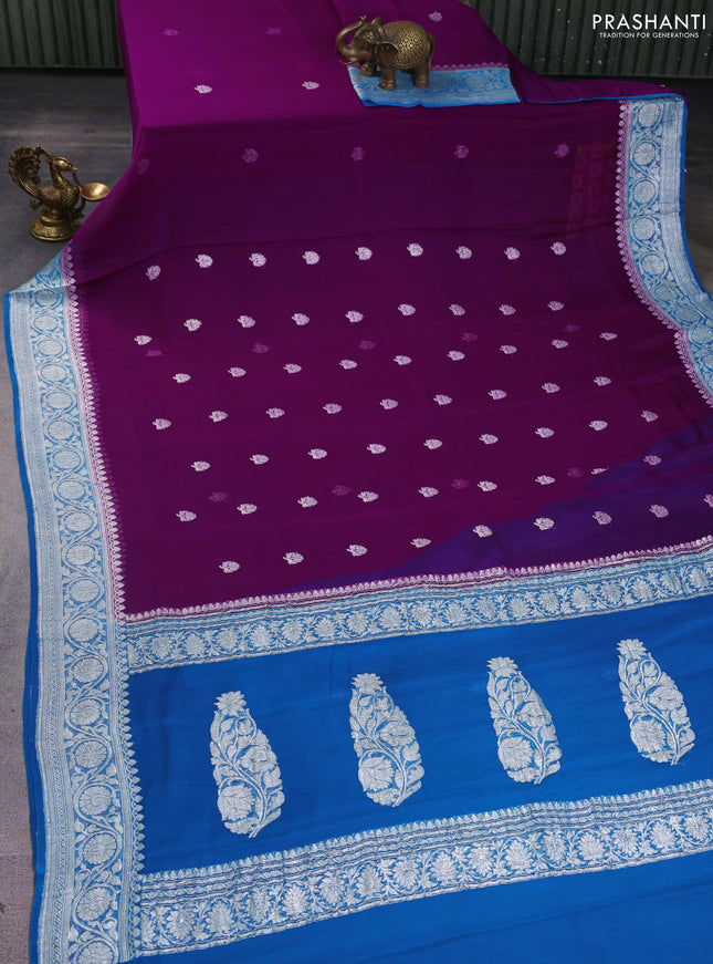 Banarasi chiffon saree purple and cs blue with silver zari woven buttas and floral silver zari woven border