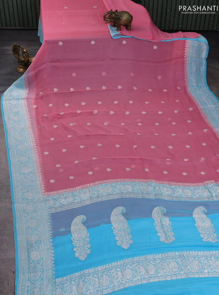Banarasi chiffon saree mild peach pink and light blue with silver zari woven buttas and floral silver zari woven border