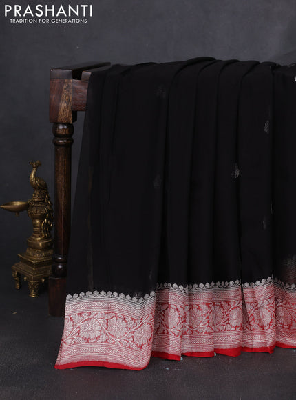Banarasi chiffon saree black and red with silver zari woven buttas and floral silver zari woven border