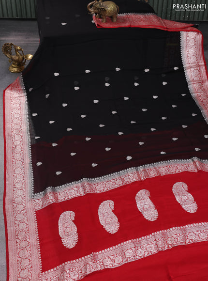 Banarasi chiffon saree black and red with silver zari woven buttas and floral silver zari woven border