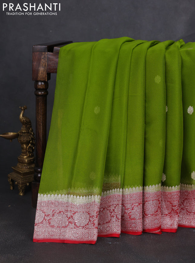 Banarasi chiffon saree mehendi green and red with silver zari woven buttas and floral silver zari woven border