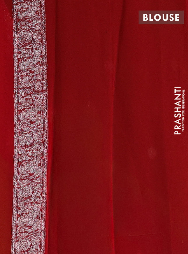 Banarasi chiffon saree mehendi green and red with silver zari woven buttas and floral silver zari woven border