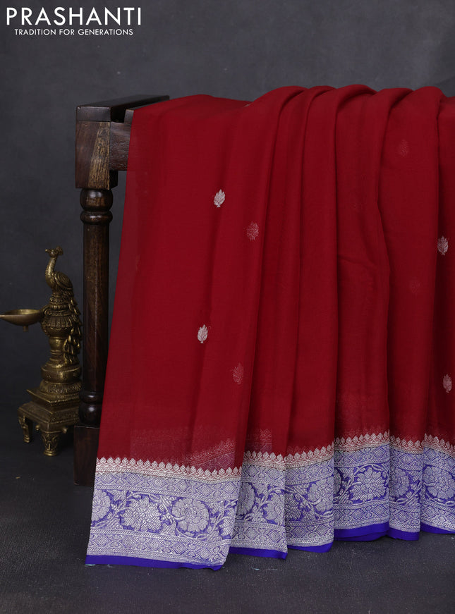 Banarasi chiffon saree red and royal blue with silver zari woven buttas and floral silver zari woven border