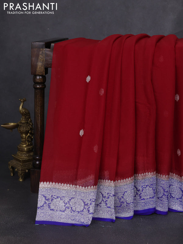Banarasi chiffon saree red and royal blue with silver zari woven buttas and floral silver zari woven border