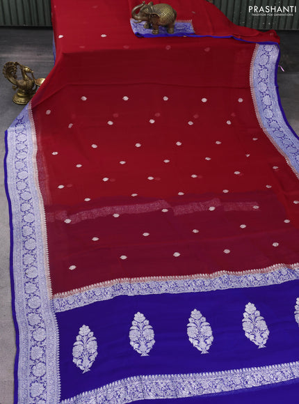 Banarasi chiffon saree red and royal blue with silver zari woven buttas and floral silver zari woven border