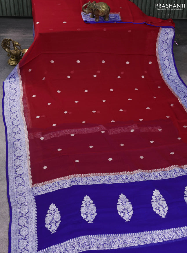 Banarasi chiffon saree red and royal blue with silver zari woven buttas and floral silver zari woven border
