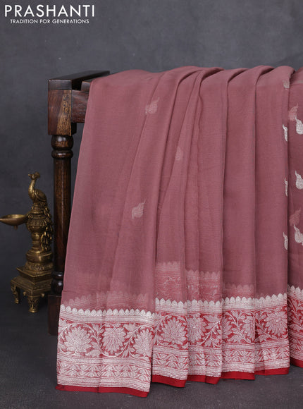 Banarasi chiffon saree pastel brown and maroon with silver zari woven buttas and floral silver zari woven border