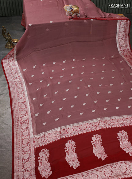 Banarasi chiffon saree pastel brown and maroon with silver zari woven buttas and floral silver zari woven border