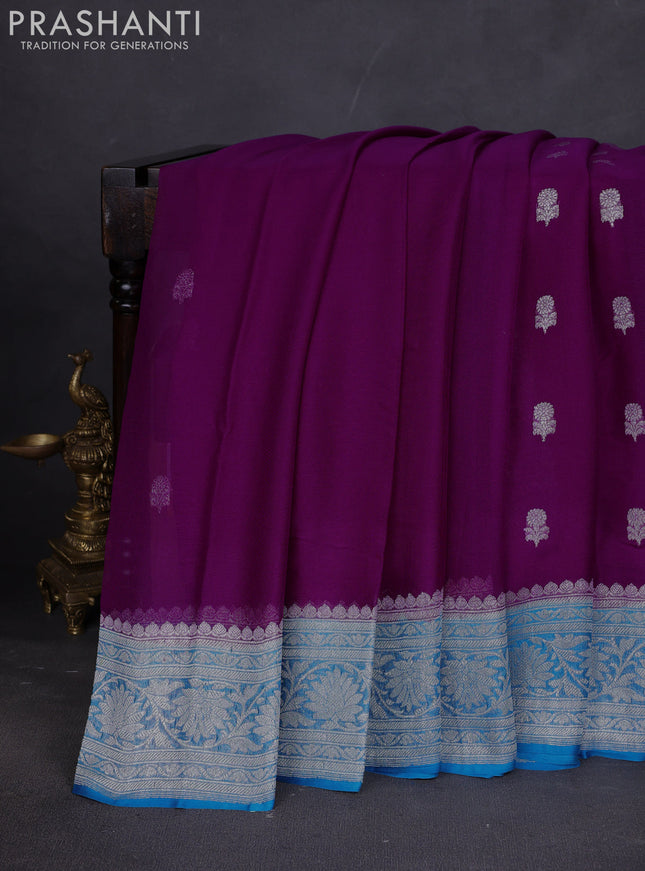 Banarasi chiffon saree purple and cs blue with silver zari woven buttas and floral silver zari woven border