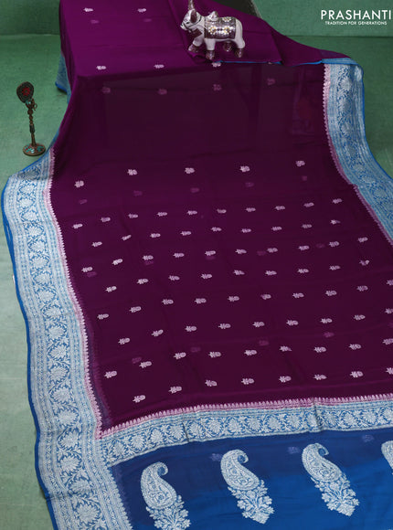 Banarasi chiffon saree purple and cs blue with silver zari woven buttas and floral silver zari woven border