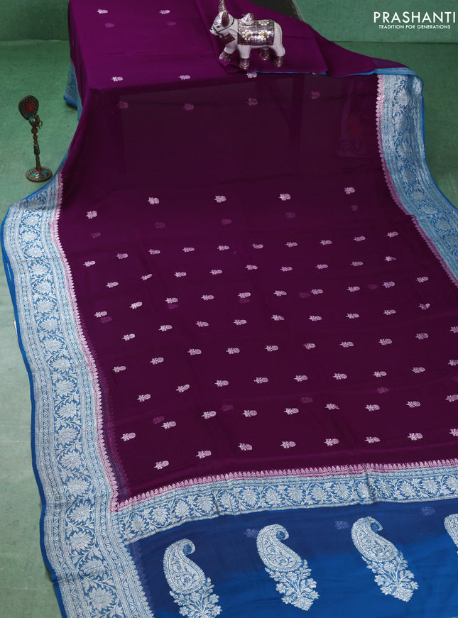 Banarasi chiffon saree purple and cs blue with silver zari woven buttas and floral silver zari woven border