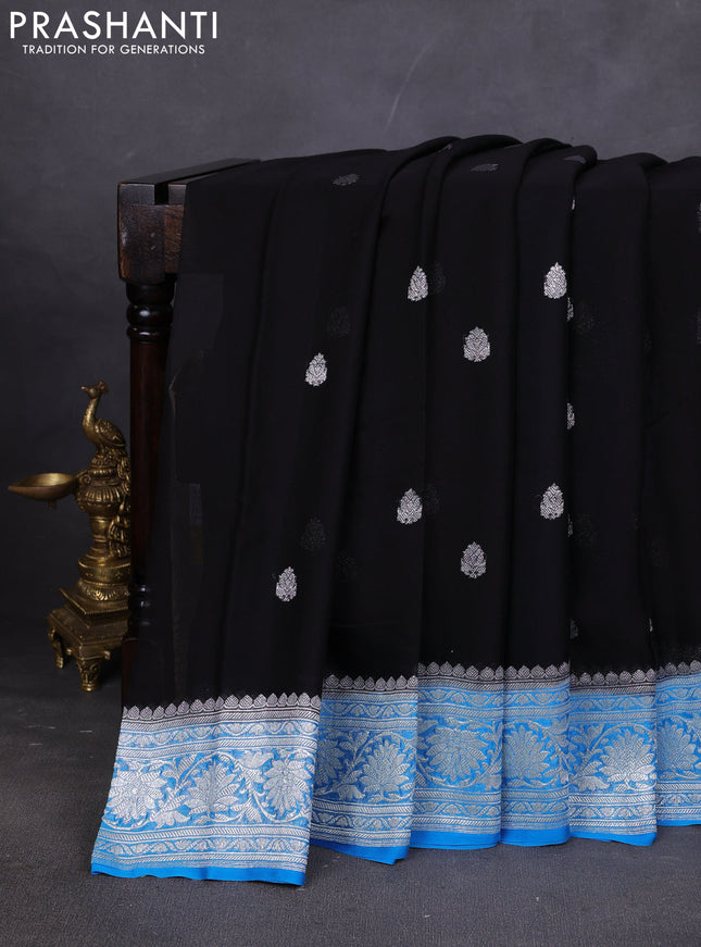 Banarasi chiffon saree black and cs blue with silver zari woven buttas and floral silver zari woven border