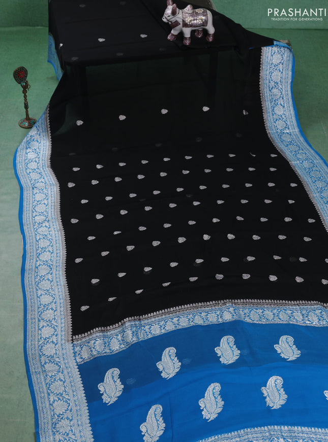 Banarasi chiffon saree black and cs blue with silver zari woven buttas and floral silver zari woven border